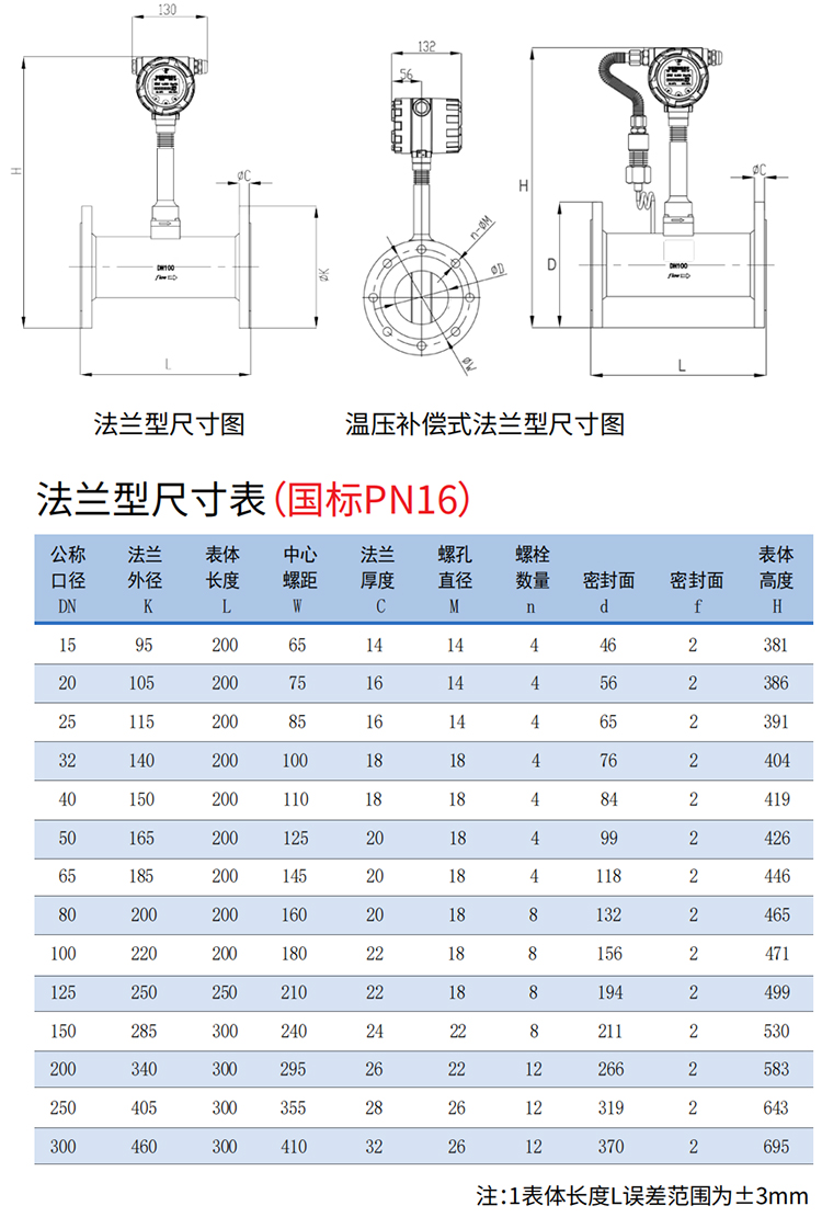 dn15涡街流量计法兰式尺寸图